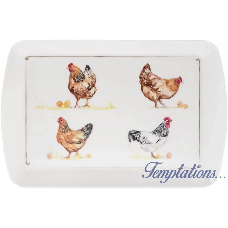 Plateau rectangulaire motif poules