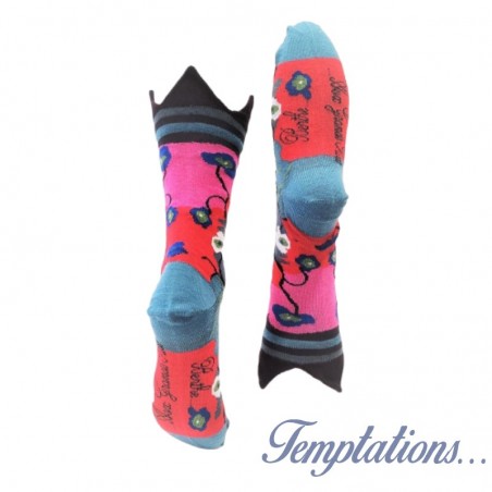 Chaussettes femme Turquoise rouge et rose à fleurs- Berthe aux Grands pieds