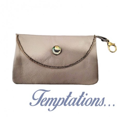 Pochette en cuir taupe avec liseré