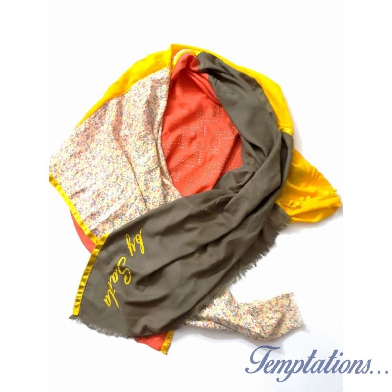 Foulard kaki et jaune avec petites fleurs By Saida