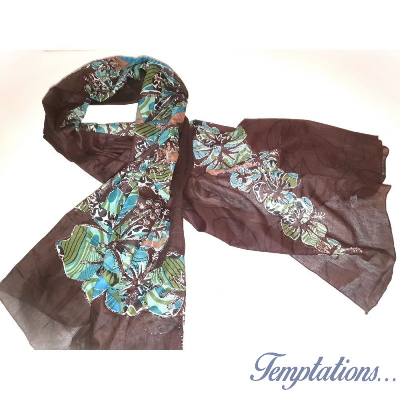 Foulard ou paréo marron au motif fleurs et feuilles By Palme