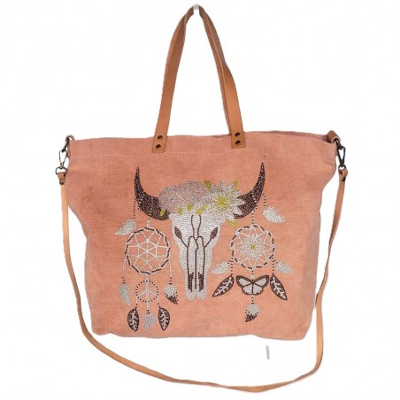 Sac cabas motif attrape-rêves et tête de buffle vieux rose