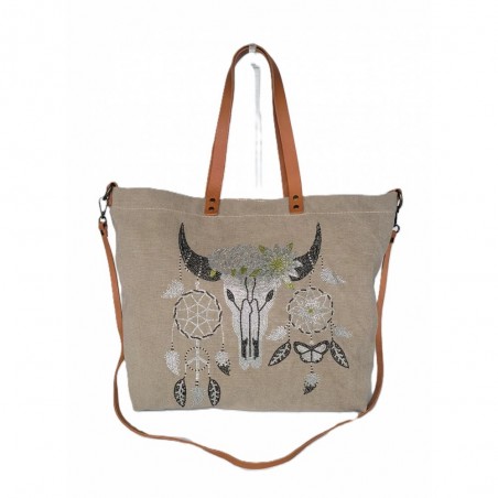 sac cabas motif attrape-rêves et tête de buffle beige