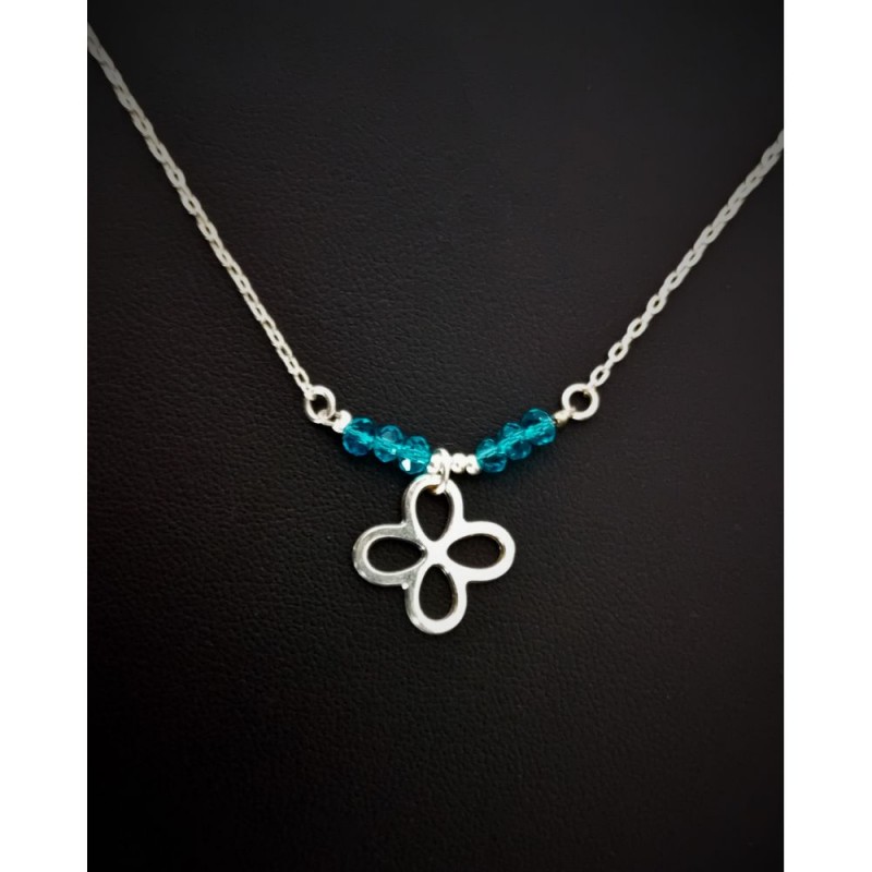 Collier argenté trèfle et perles turquoise - Brun d'Amour