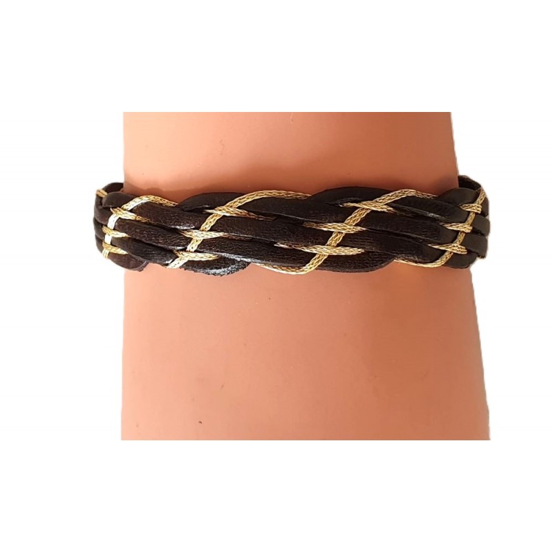 Bracelet homme en cuir noir et câble ocre