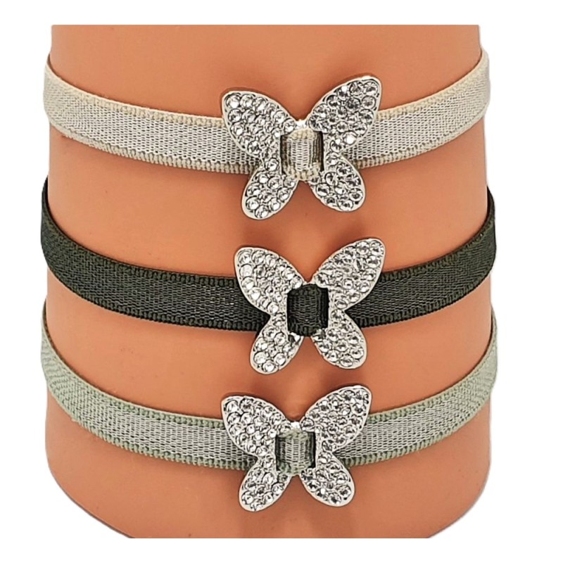 Bracelet élastique avec papillon argenté en strass