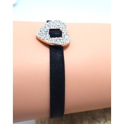 Bracelet élastique noir avec cœur doré en strass