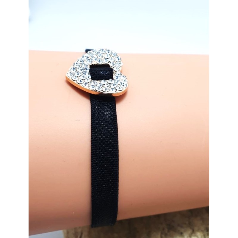 Bracelet élastique noir avec cœur Argenté en strass