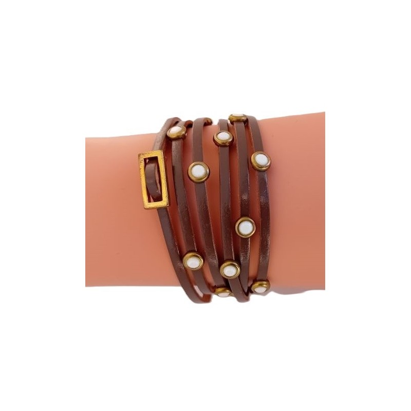 Bracelet en cuir marron 6 tours (blanc)