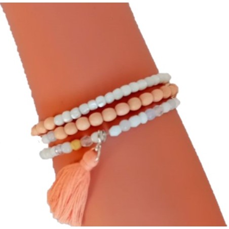 Bracelet 3 tours perles abricots et pompon orange – Lucky Team