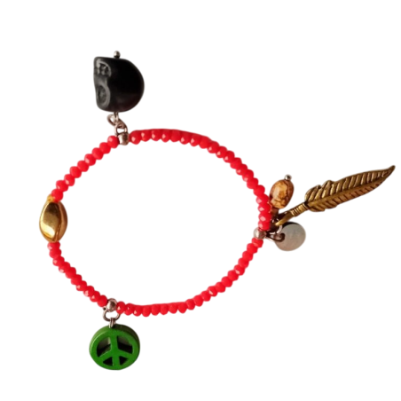 Bracelet de perles rouge avec breloque plume dorée - Moon°C