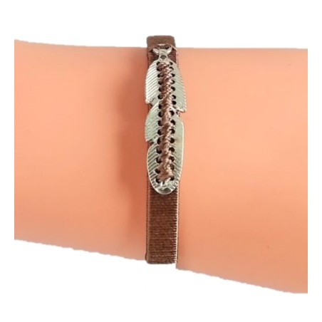 Bracelet  jonc argentée avec plume et fils chataigne