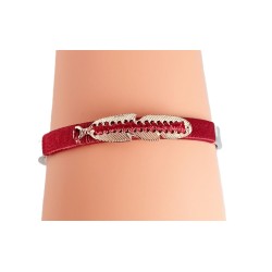 Bracelet  jonc argentée avec plume et fils bordeaux