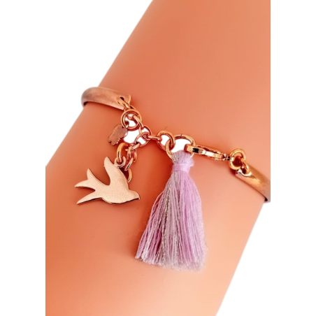 Bracelet jonc doré rose avec pompon et charm