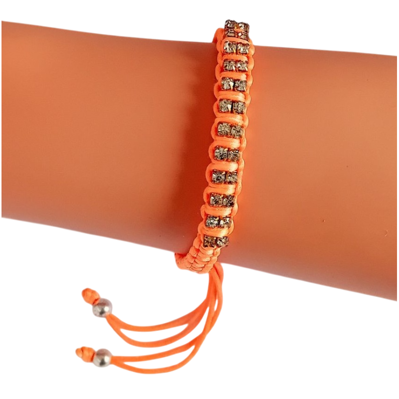 Bracelet Tressé Orange avec Strass Brillants