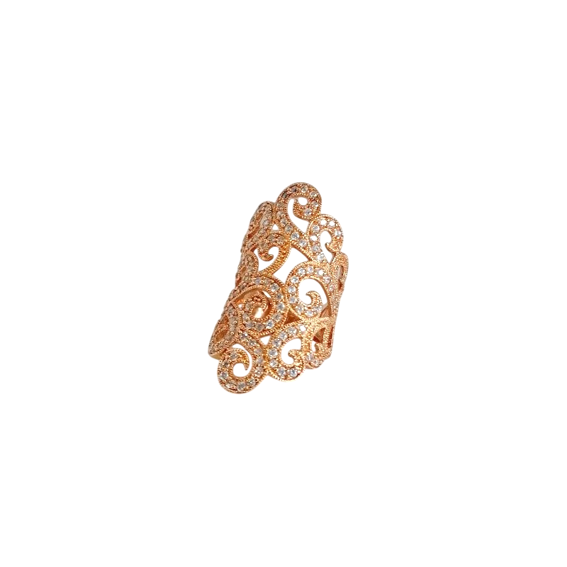 Bague arabesques en métal or rose et zirconium