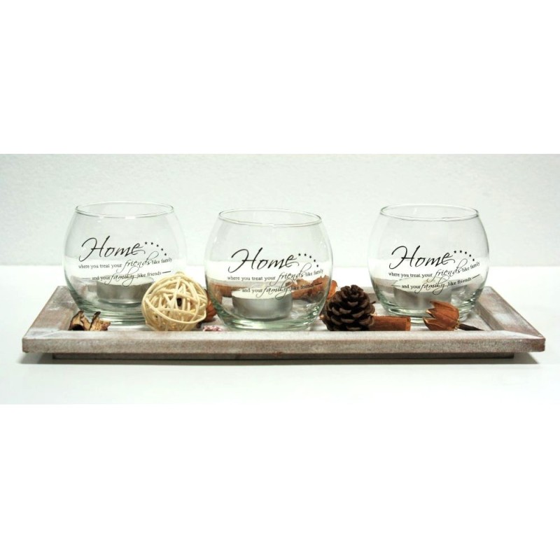 Lot De 3 Photophores En Bois Avec Plateau Cœur - Décoration Table Saint-Valentin Mariage Salon Gris