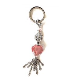 Porte-clés cœur rose et strass argent