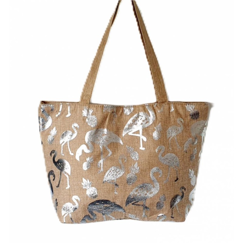 Sac de plage en toile de jute imprimé flamant or ou argent.