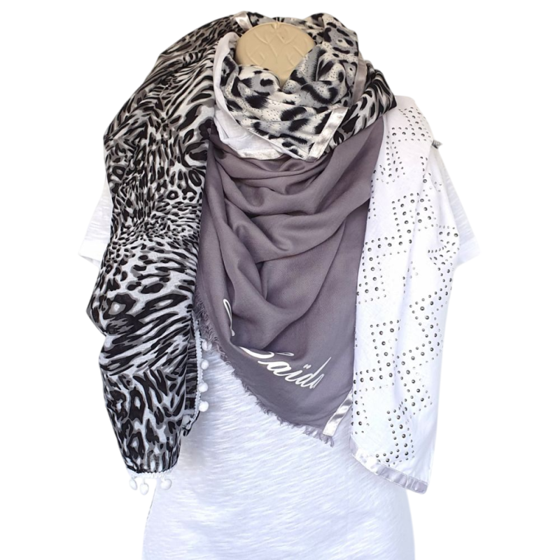 Foulard Tons gris et blanc motifs Guépard By Saida