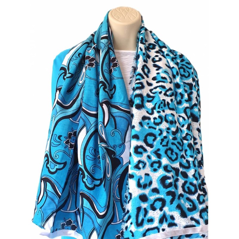 Foulard Ton bleu azur motifs Fleurs et Léopard  By Saida