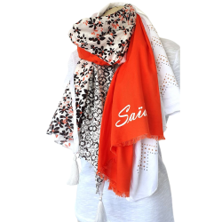 Foulard Tons orange et blanc motifs Fleurs et Léopard  By Saida