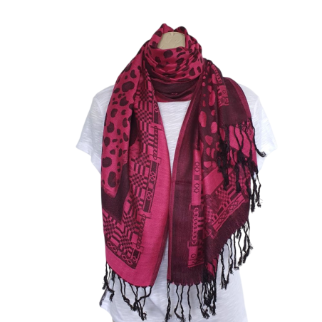 Écharpe Framboise/noire motifs Léopard & Géométriques