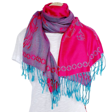 Écharpe Framboise et Turquoise Motif Floral
