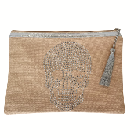 Pochette plate zippée beige – Design tête de mort