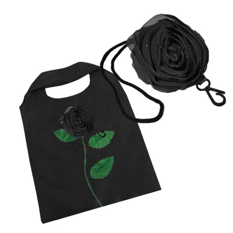 Sac à provisions noir pliable en forme de rose.