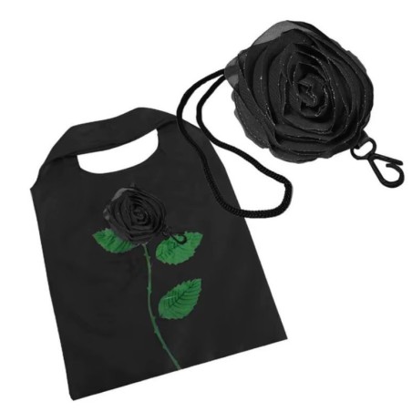 Sac à provisions noir pliable en forme de rose.