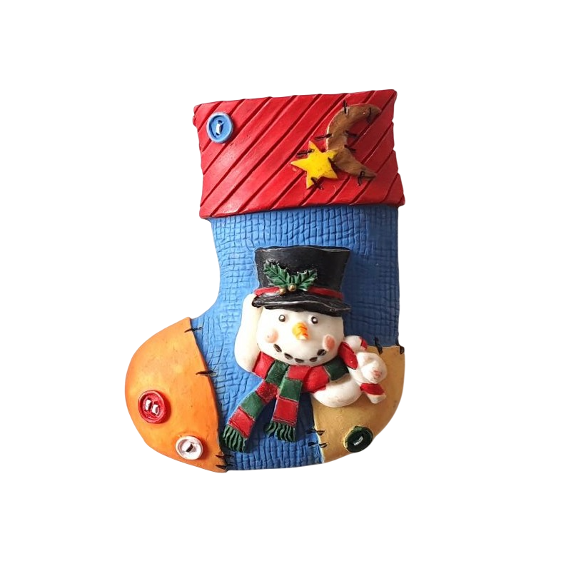 Bouton Botte de Noël bleue avec Bonhomme de neige