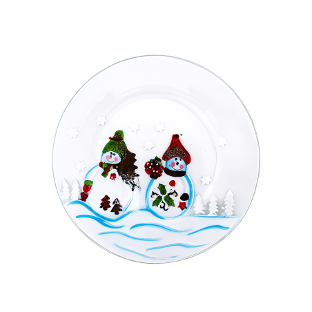 Assiette en verre Support bougie Bonhommes de neige - Village Candle