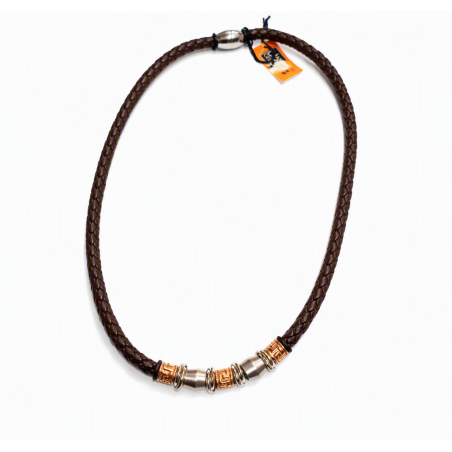 Collier homme en cuir tressé marron et acier cuivre/argent (50cm)