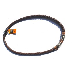 Collier homme en cuir tressé marron et acier cuivre/argent (50cm)