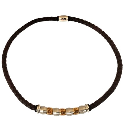 Collier homme en cuir tressé noir et acier or/argent (50 cm)