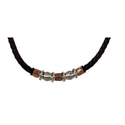 Collier homme en cuir tressé noir et acier cuivre/argent (45 cm)