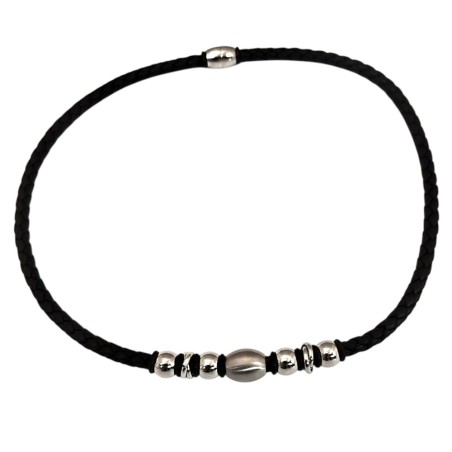 Collier homme en cuir tressé noir et acier (45 cm)