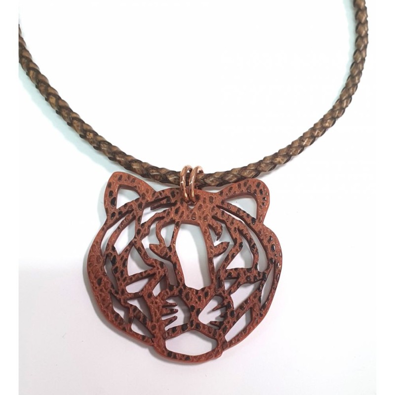 Collier cuir tressé kaki – Pendentif tête de tigre