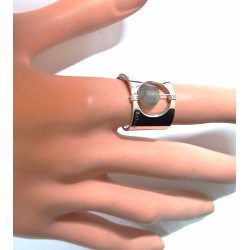 Bague large en métal argenté et pierre en suspension - Bijoux Brin d'Amour
